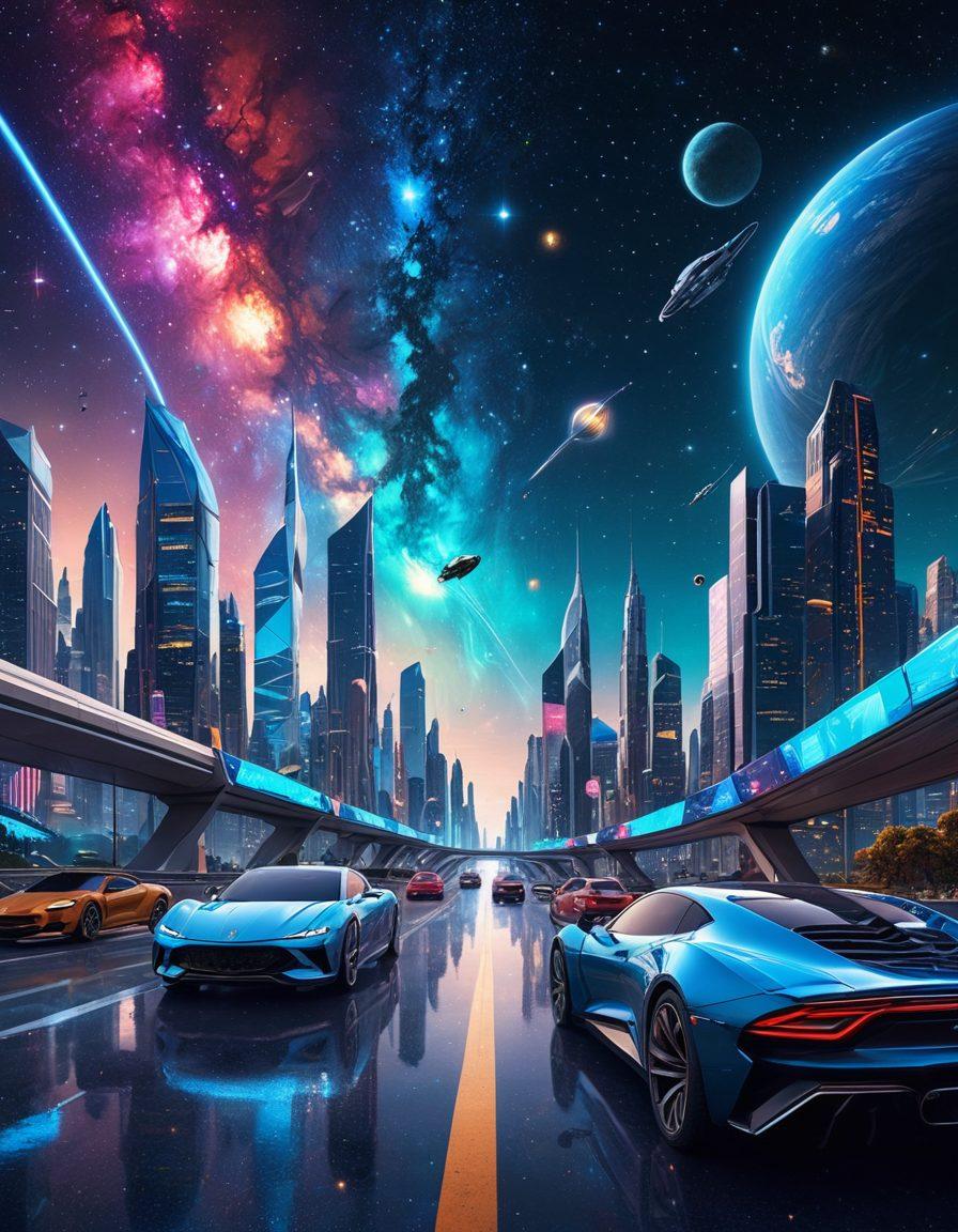 A cosmic landscape with a futuristic city on one side showcasing auto insurance themes (cars, highways, etc.) and a galaxy filled with diverse insurance symbols (houses, health, travel) on the other. The scene should be vibrant and dynamic, capturing the transition from earthly to cosmic elements, conveying a sense of various risks covered. The background should be a starry night sky with bright constellations. super-realistic. vibrant colors. 3D.